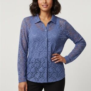Women’s Blue Floral Lace Sheer Collared Button Up Blouse